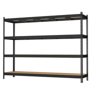 Empty black 4 tier steel shelving rack shown at an angle on a white background