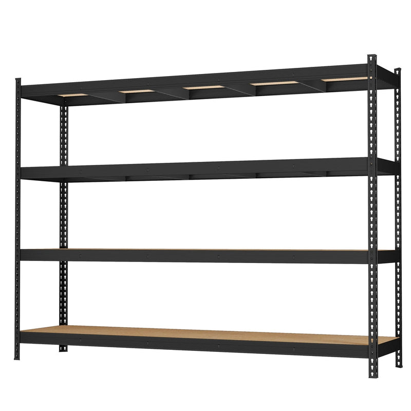Empty black 4 tier steel shelving rack shown at an angle on a white background