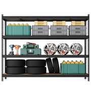 Black rack holding tyres, alloy wheels, tool cases and green storage crates