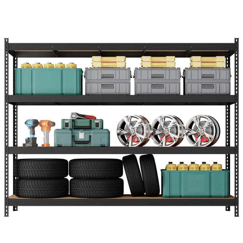 Black rack holding tyres, alloy wheels, tool cases and green storage crates