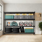 Black rack in a garage beside a pegboard of tools, loaded with tyres and cases