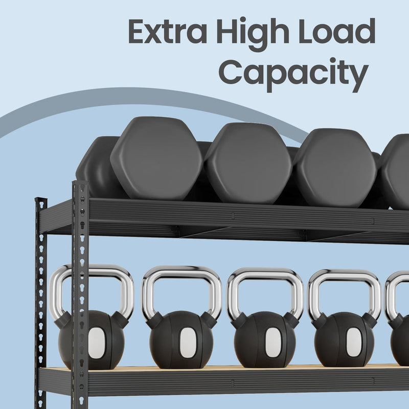 Close-up of dumbbells and kettlebells resting on two of the rack's tiers