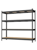 Empty black 4 tier heavy duty steel shelving rack on a white background