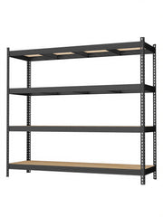 Empty black 4 tier heavy duty steel shelving rack on a white background