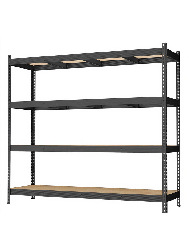 Empty black 4 tier heavy duty steel shelving rack on a white background