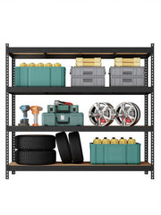 Black rack loaded with tyres, alloy wheels, tool cases and storage crates