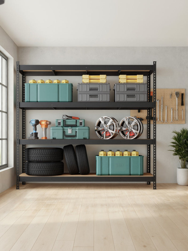 Black shelving rack against a garage wall with a pegboard, holding tyres and toolboxes