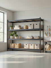 Black shelving rack in a bright white room holding storage boxes, towels and plants