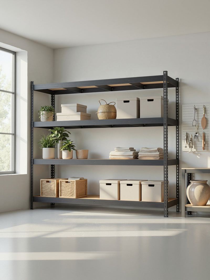 Black shelving rack in a bright white room holding storage boxes, towels and plants