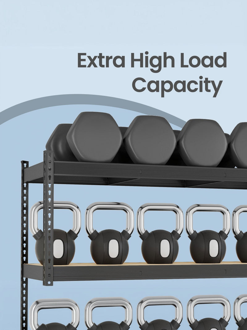 Close-up of dumbbells and kettlebells stored on the rack's steel tiers