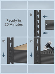 Three-step assembly guide showing the boltless frame tapped together with a mallet