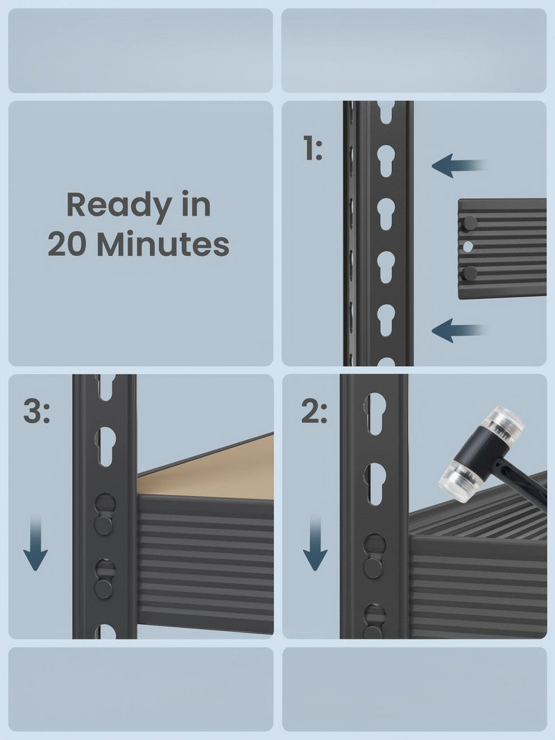 Three-step assembly guide showing the boltless frame tapped together with a mallet
