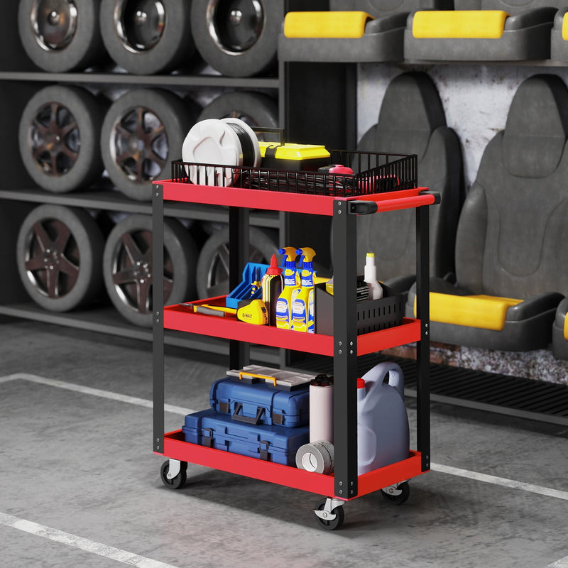 Tool trolley loaded with tools and an oil container in front of tyre and seat racks
