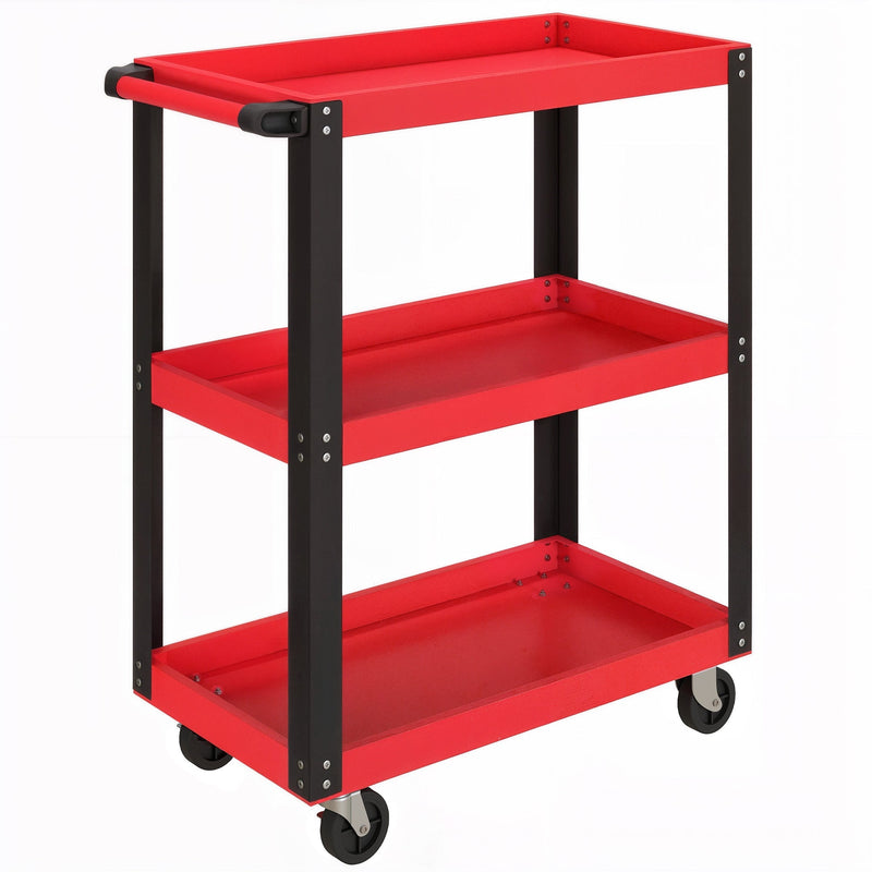 Black and red 3-tier tool trolley with handle and four castors on a white background