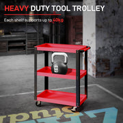 Tool trolley with a 40 kg kettlebell on the middle shelf showing the per-shelf load limit