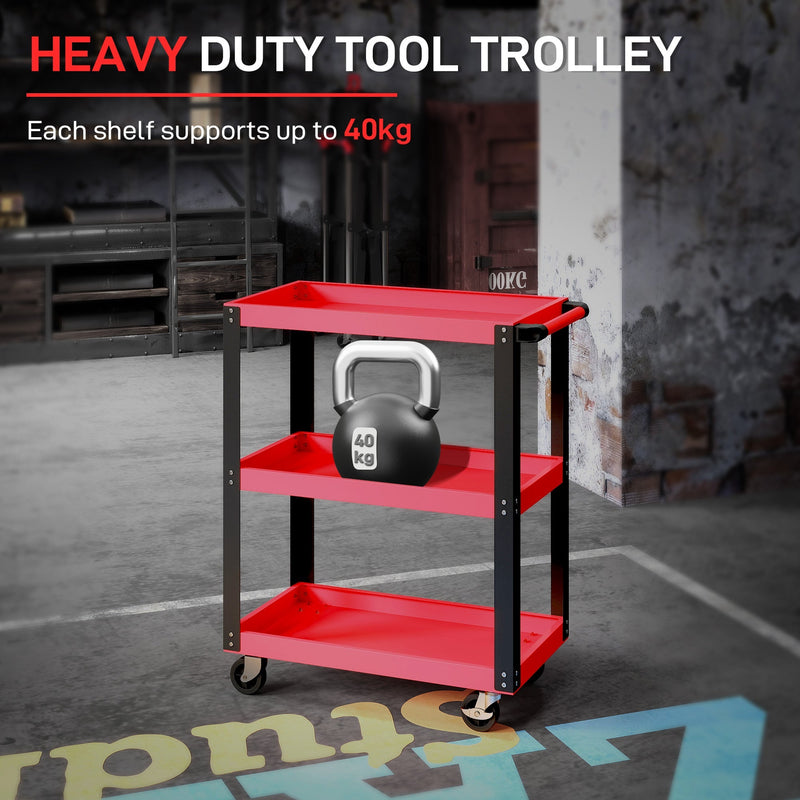 Tool trolley with a 40 kg kettlebell on the middle shelf showing the per-shelf load limit