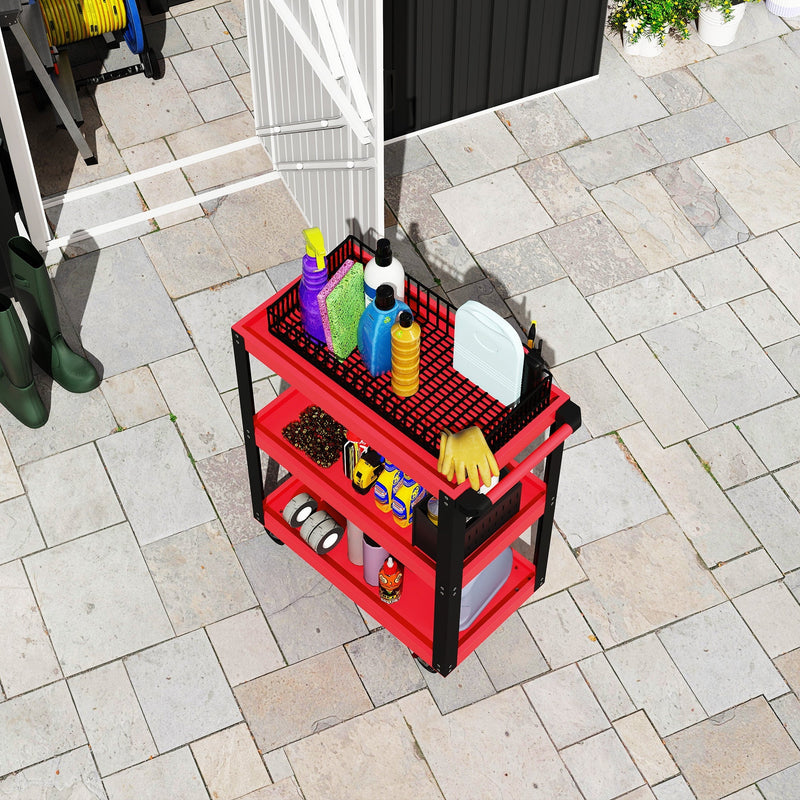 Overhead view of the tool trolley carrying cleaning bottles and gloves on a paved patio