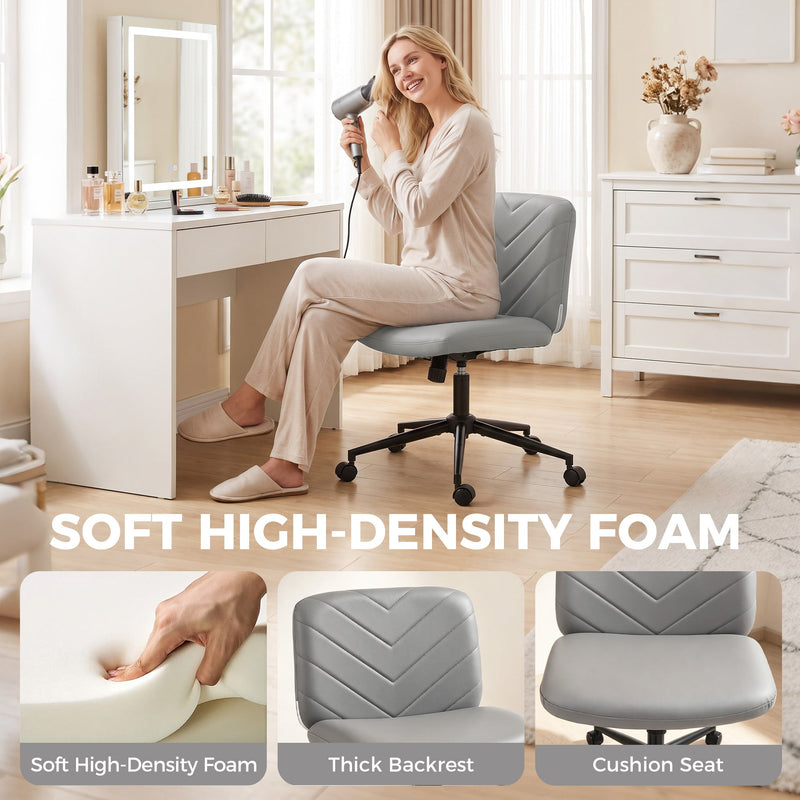 Grey desk chair used at a dressing table, with foam and cushion close-ups