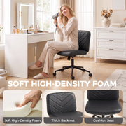 Black desk chair used at a dressing table, with foam and cushion close-ups