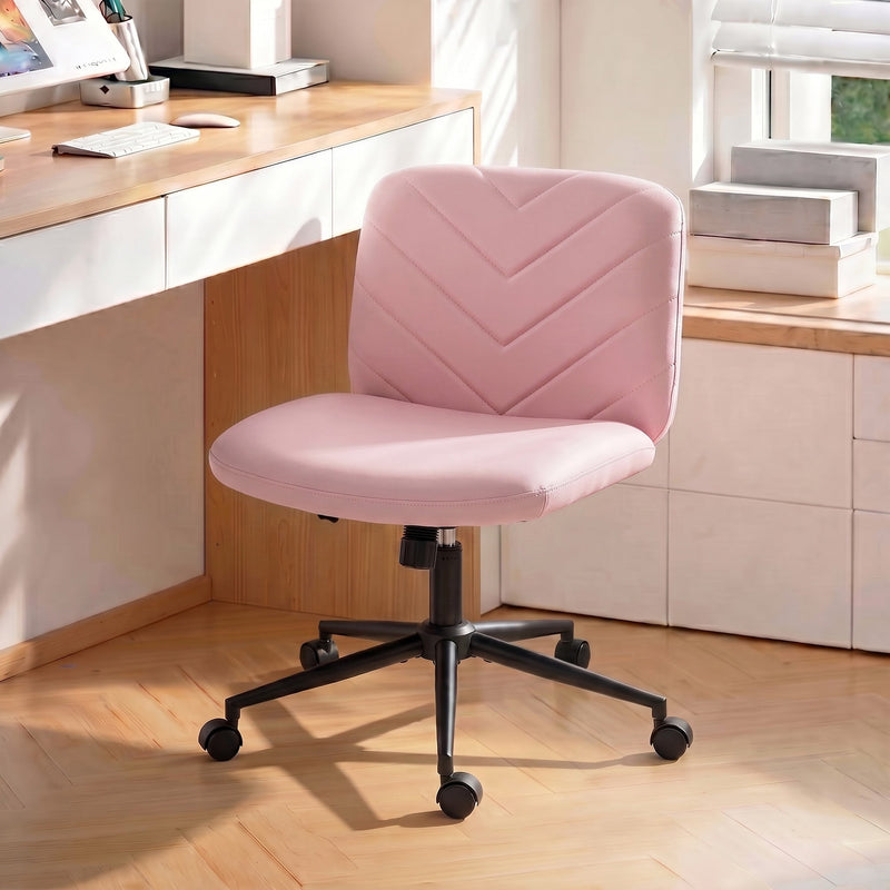 Pink desk chair positioned at a home study desk