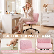 Woman using a hairdryer at a dressing table while sitting in the pink chair, with close-ups of the foam cushioning