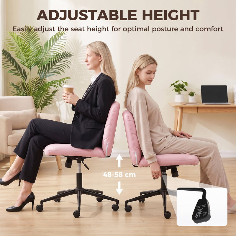 Two women shown at different seat heights, illustrating the 48-58cm height adjustment