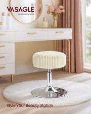 Warm white plush vanity stool styled at a dressing table for a beauty station