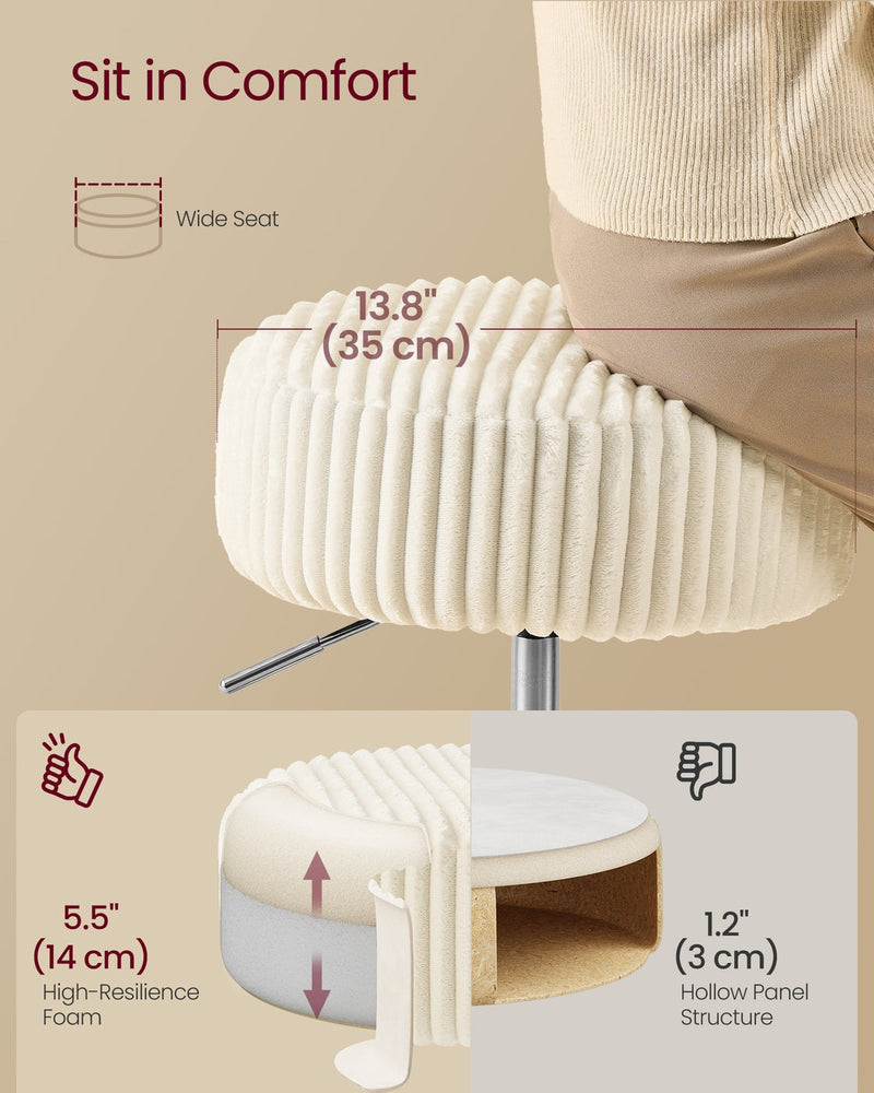 Comfort diagram showing the vanity stool's 35 cm seat width and 14 cm high-resilience foam padding