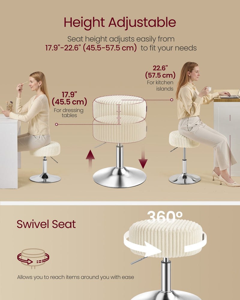 Diagram showing the stool's seat height adjusting from 45.5 to 57.5 cm and its 360 degree swivel motion