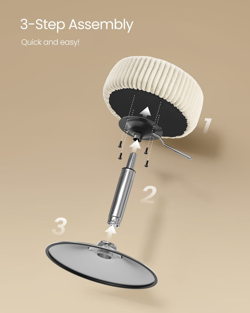 Three step assembly diagram showing the seat, gas-lift column and base fitting together