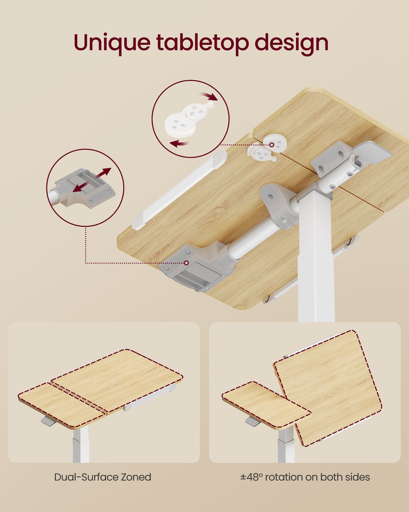 Close-up of the split tabletop hinge and the 48 degree rotation on both sides, Golden Oak finish