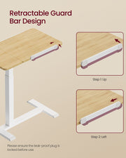Golden Oak overbed table retractable guard bar on the tabletop edge shown in two steps