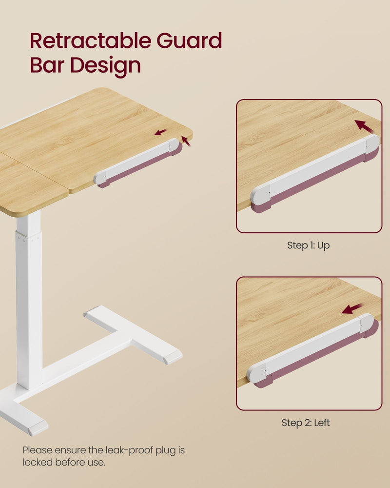 Golden Oak overbed table retractable guard bar on the tabletop edge shown in two steps