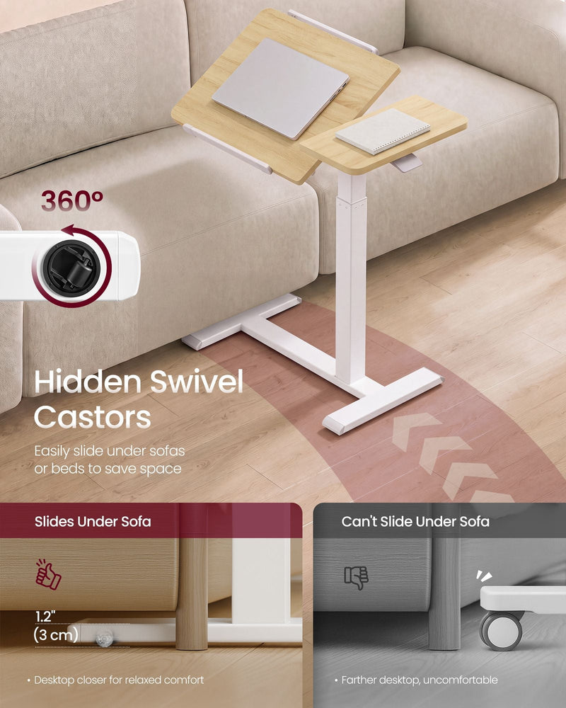 Golden Oak overbed table on hidden swivel castors sliding under a sofa with 3 cm clearance