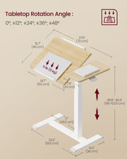 Dimensions diagram of the Golden Oak overbed laptop table showing tilt angles, 70 x 40 cm top and height range