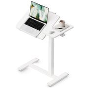 Cloud White tilting overbed laptop table with a laptop on the angled panel and a mug on the side panel