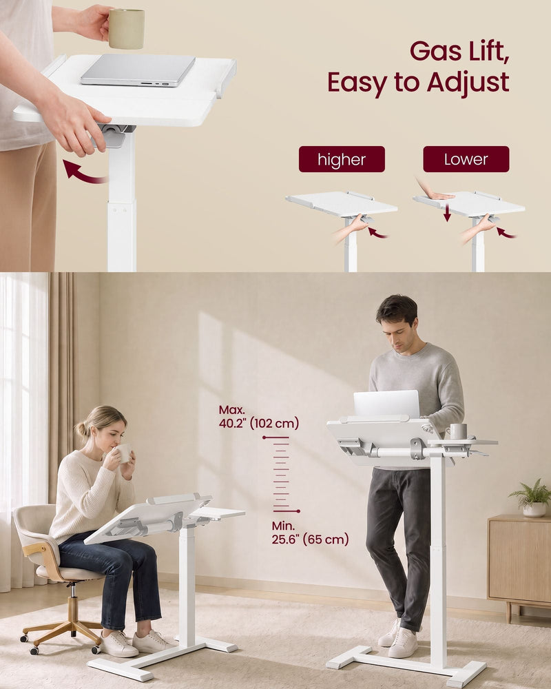 Gas lift overbed laptop table raised and lowered, used seated at a chair and standing