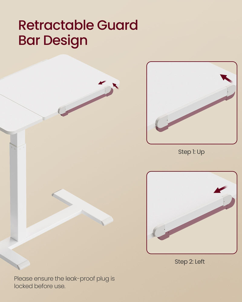 White overbed table retractable guard bar on the tabletop edge shown in two steps