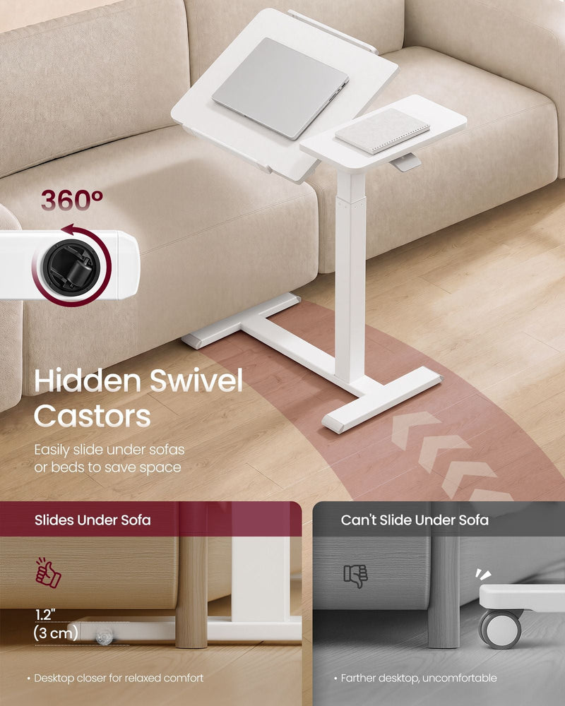 White overbed table on hidden swivel castors sliding under a sofa with 3 cm clearance
