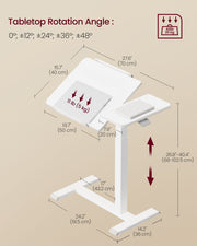 Dimensions diagram of the white overbed laptop table showing tilt angles, 70 x 40 cm top and height range