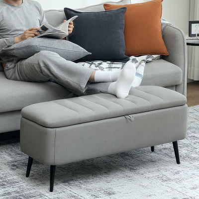 Linen Look Storage Ottoman Bench With Padded Seat And Hidden Compartment Light Grey