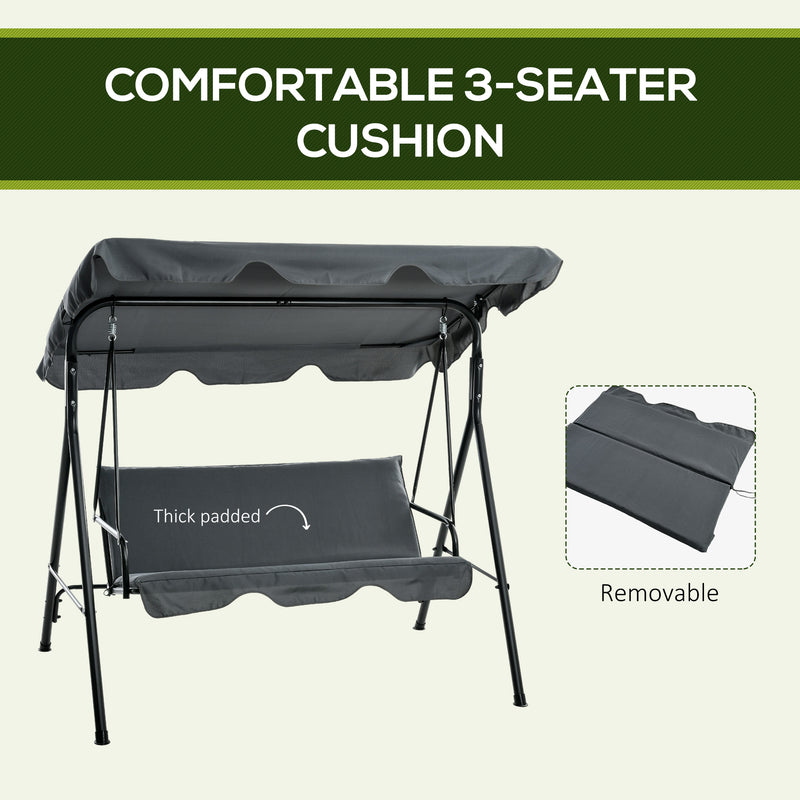 Grey 3 Seater Garden Swing Chair With Adjustable Canopy And Cushions For Outdoors Outsunny