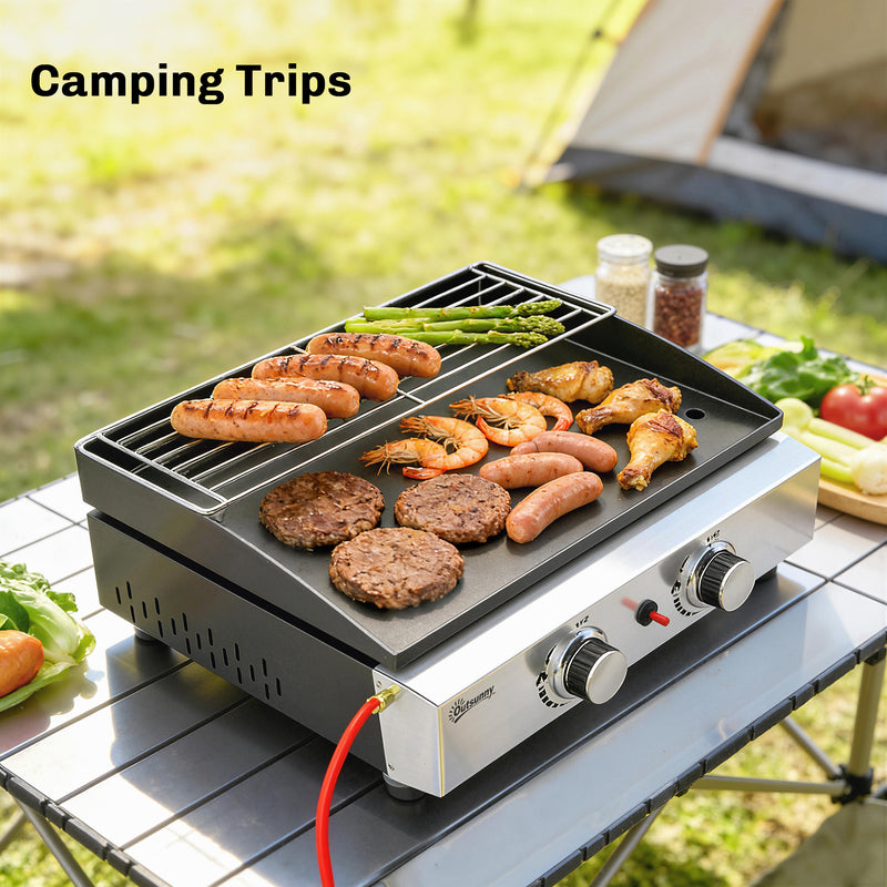 Portable Gas BBQ with 2 Cooking Zones and Warming Rack for Easy Outdoor Meals Black Outsunny