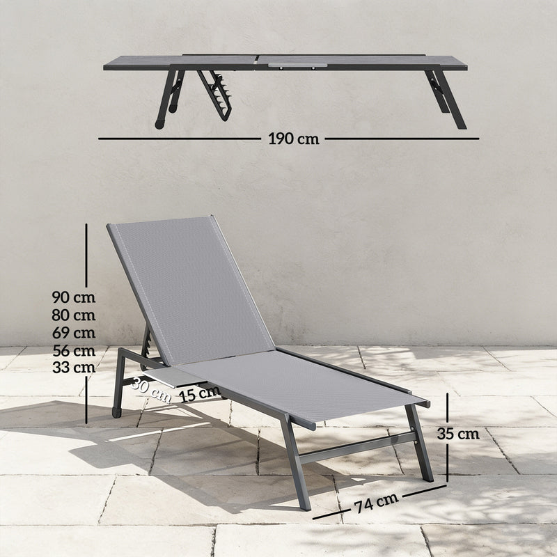 Outsunny Sun Loungers Set of 2 with Side Tray Table, Garden Recliners with 5-Position Adjustable Backrest, 2 Wheels, Grey AOSOM