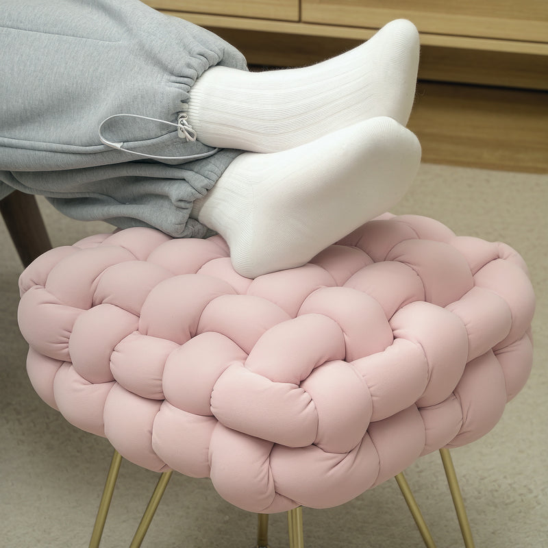 Pink Velvet Feel Woven Square Footstool with Gold Legs Bold Design by HOMCOM