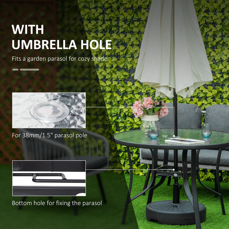Round 106cm Garden Dining Table with Parasol Hole and Tempered Glass Top for Patio