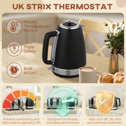 Stainless Steel Kettle and 4 Slice Toaster Set with Rapid Boil and Crumb Tray Black Silver