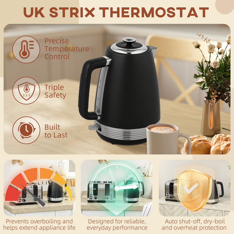 Stainless Steel Kettle and 4 Slice Toaster Set with Rapid Boil and Crumb Tray Black Silver