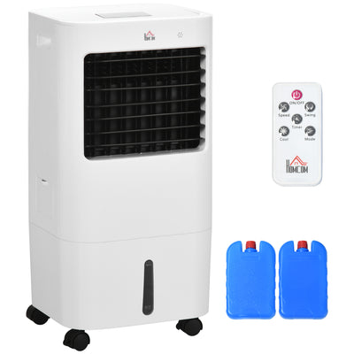 Portable air conditioner with remote control and water bottles on a white background