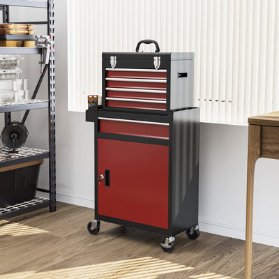 Rolling Tool Storage Chest with Two-Part Design for Garage or Workshop Black Red